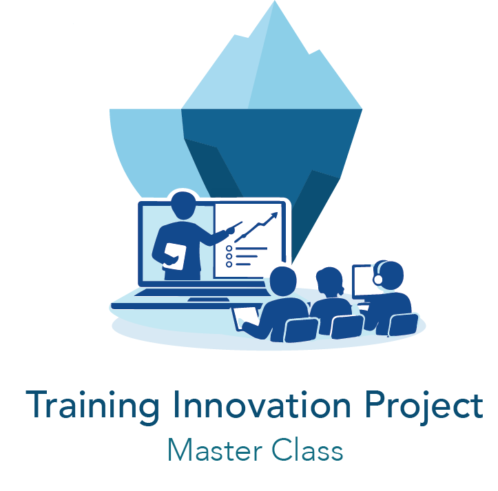Illustration of a lecturer pointing to a graphic in front of an class audience There is text: Training Innovation Project Master Class
