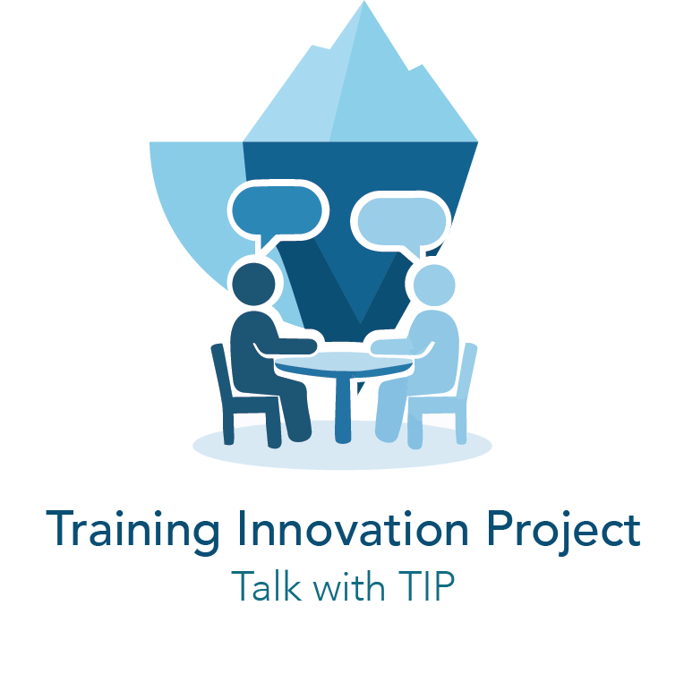 Illustration of two people sitting at a table with speech bubbles. There is text: Training Innovation Project Talk with TIP